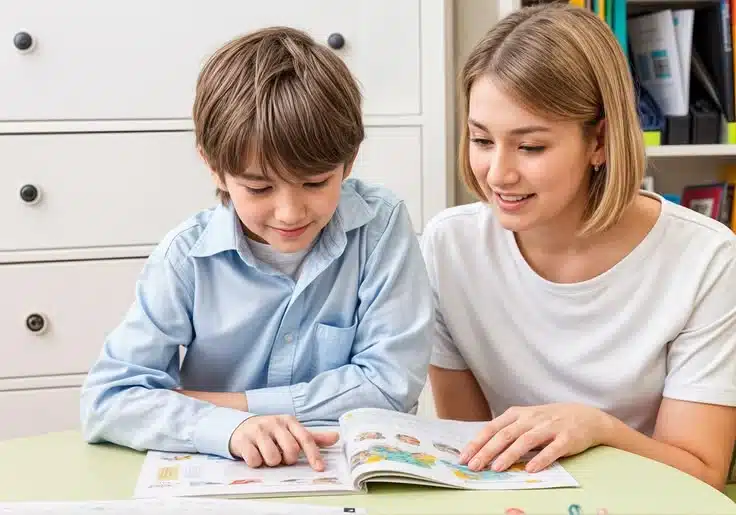A Matching Minds tutor working one-on-one with a student on languages